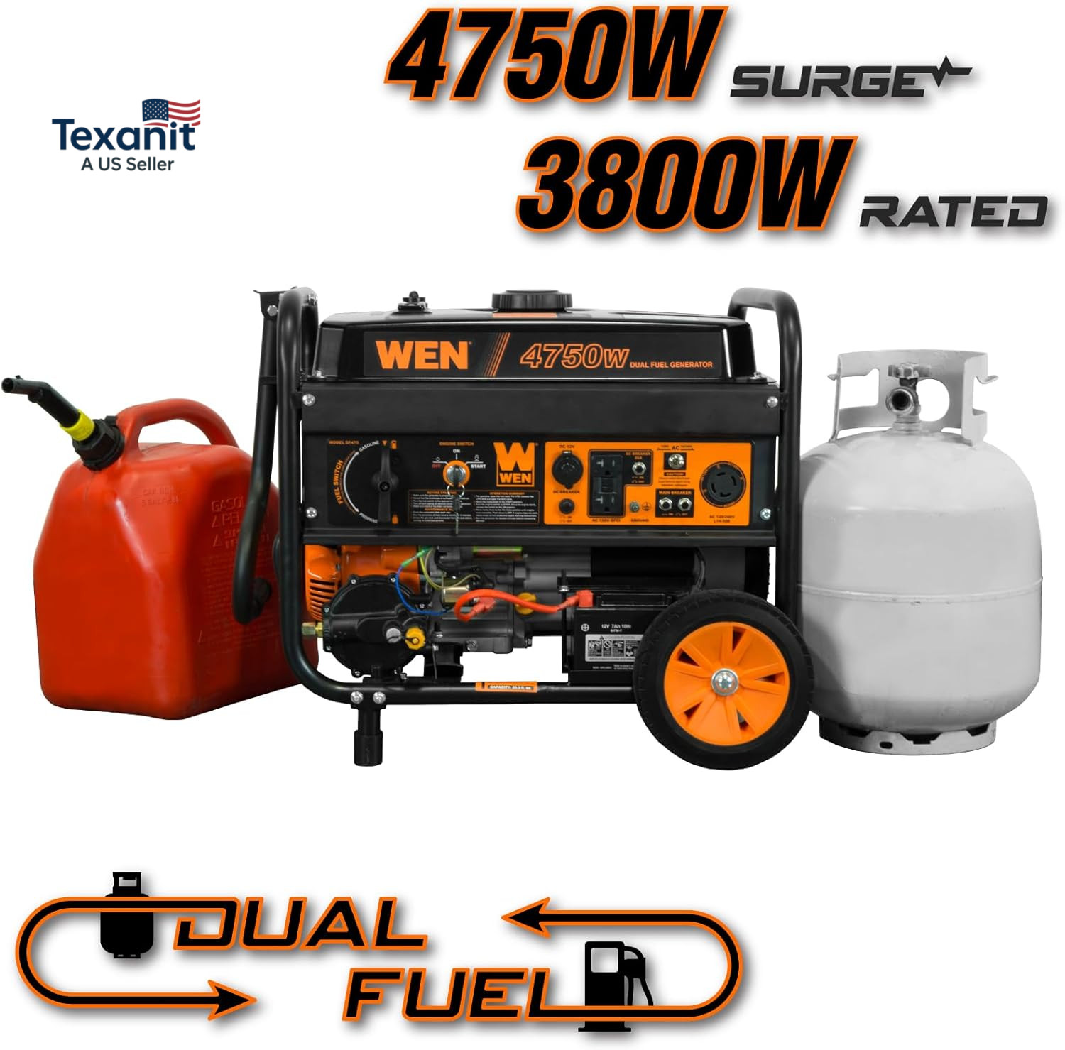 WEN 4750W Dual Fuel Portable Generator Electric Start Wheel Kit 120V 240V