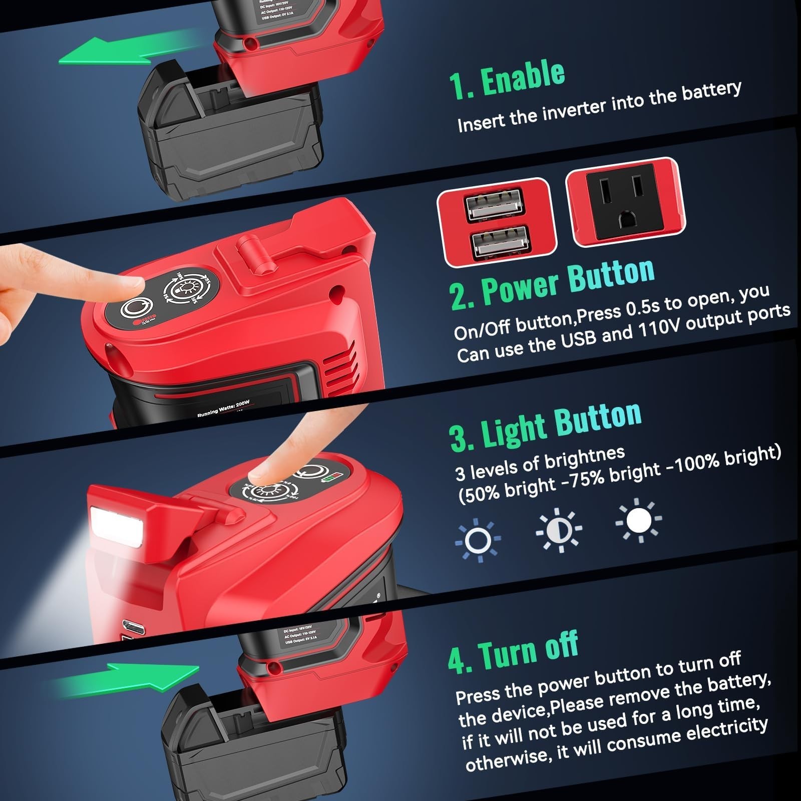 220W Portable Power Inverter for Milwaukee 18V Battery, AC 110V, USB & LED Light