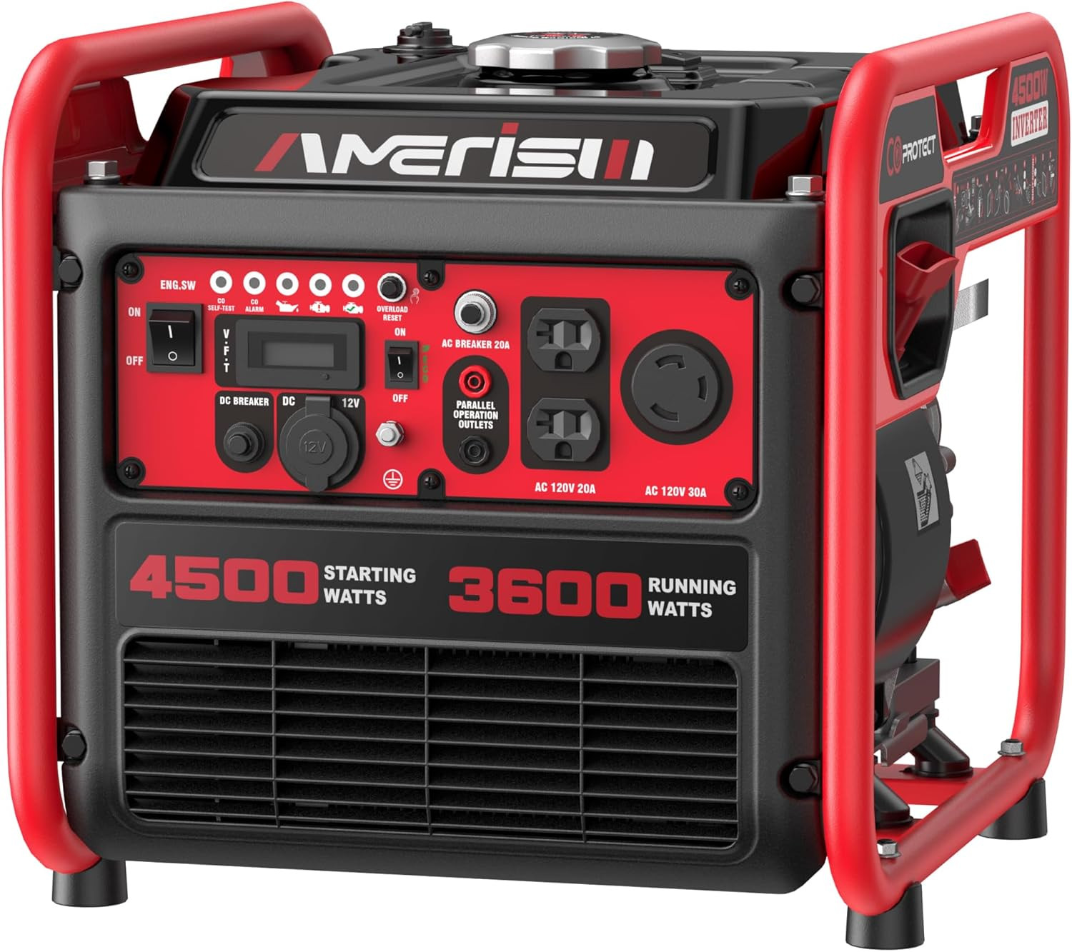4500W Inverter Generator, Gas Powered 223Cc 4-Stroke Engine,Co Sensor & Parallel