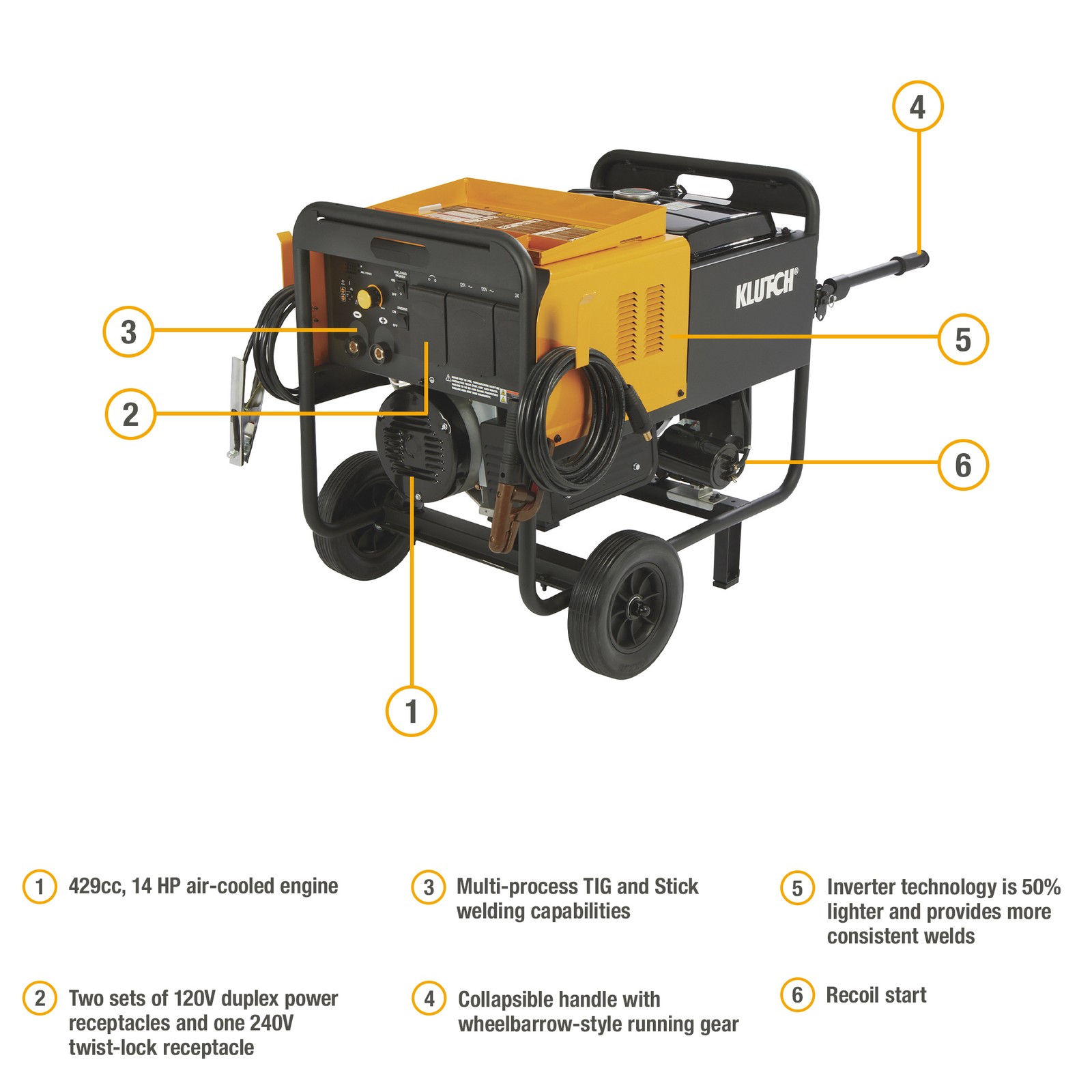 Klutch 6000 Watt Dual-Voltage Engine-Driven Inverter DC Arc Welder/AC Generator