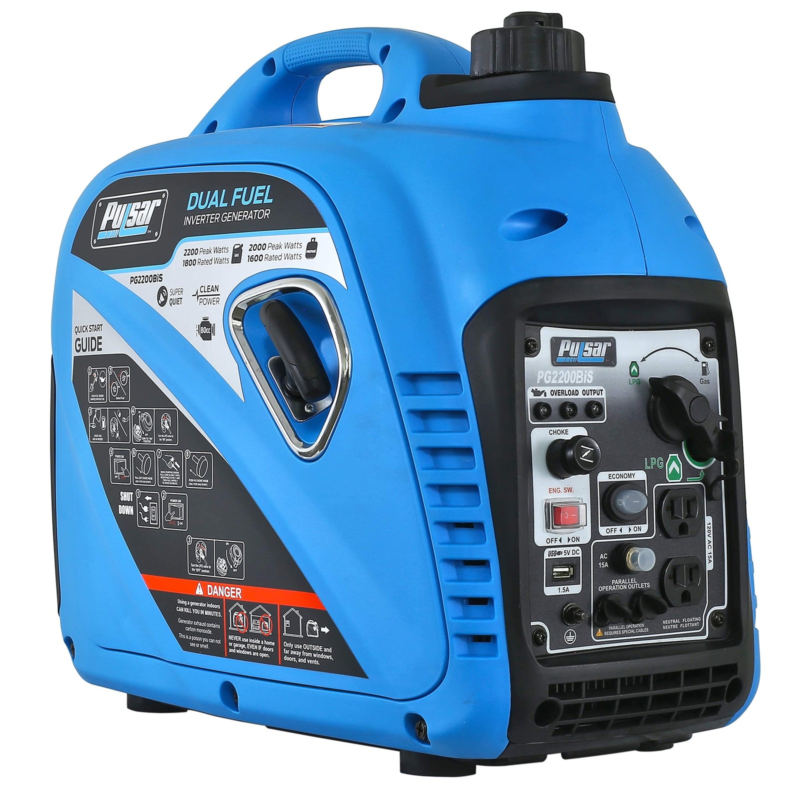 Pulsar 2,200W Portable Dual Fuel Quiet Inverter Generator with USB Blue
