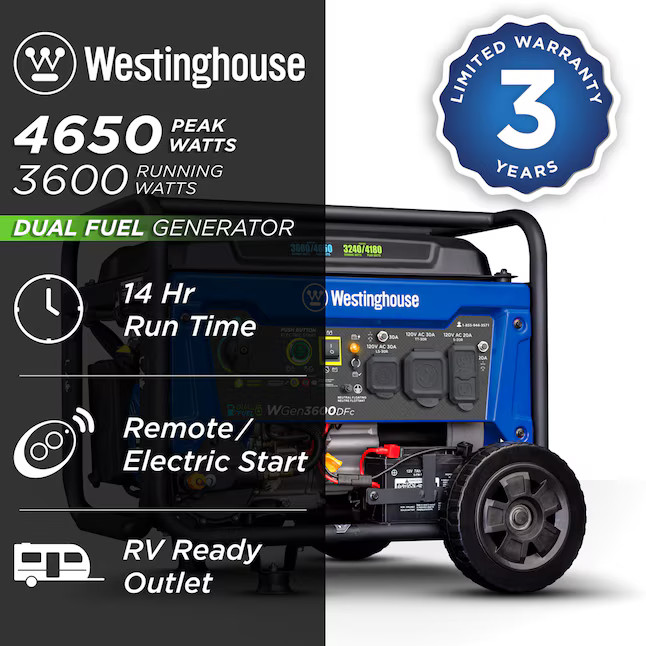 Westinghouse WGen3600DFc Remote Electric Start 4650 Starting / 3600 Running Watt