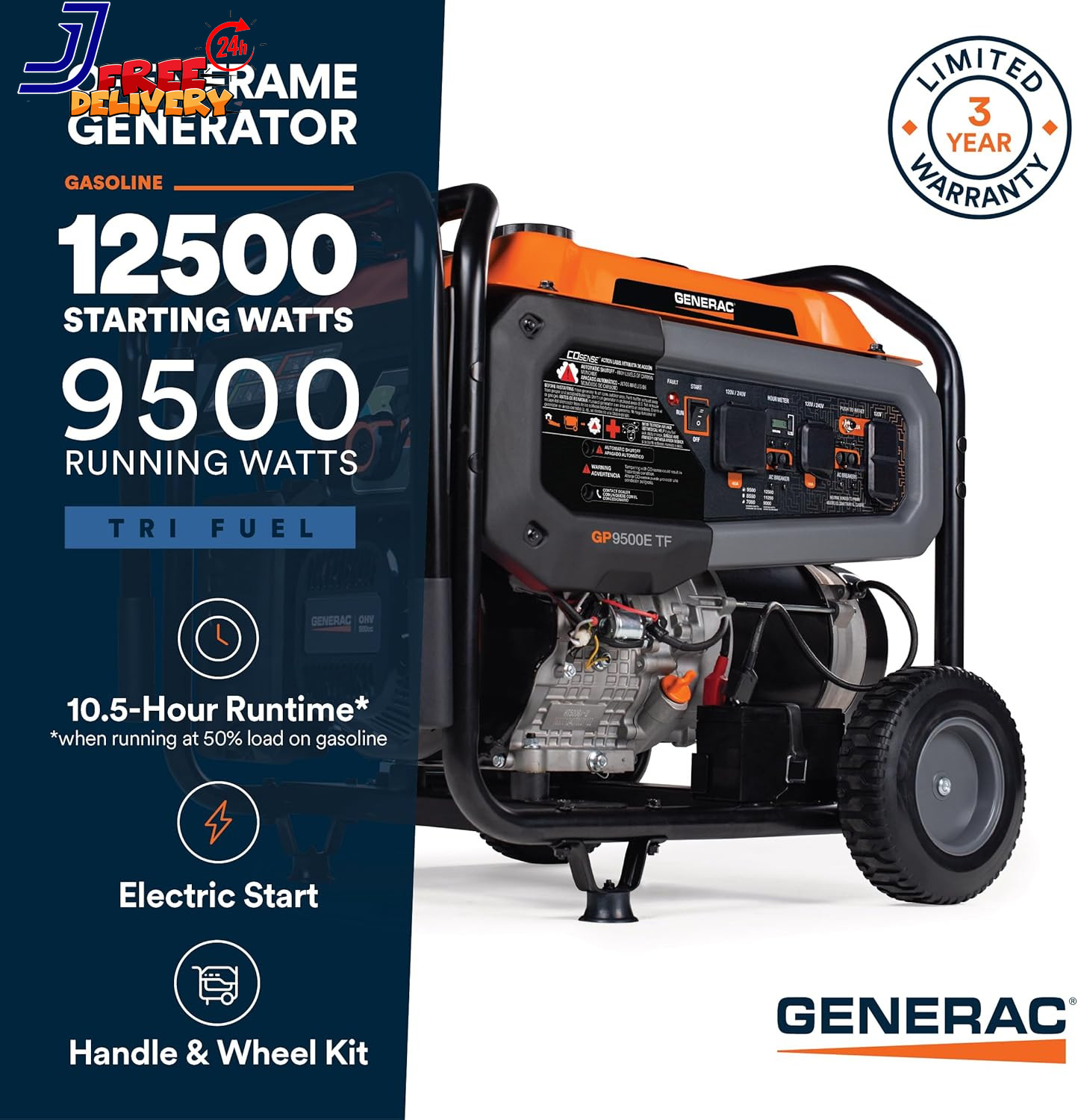 12,500 Starting Watt Tri-Fuel Portable Generator Electric Start Gas Propane or N