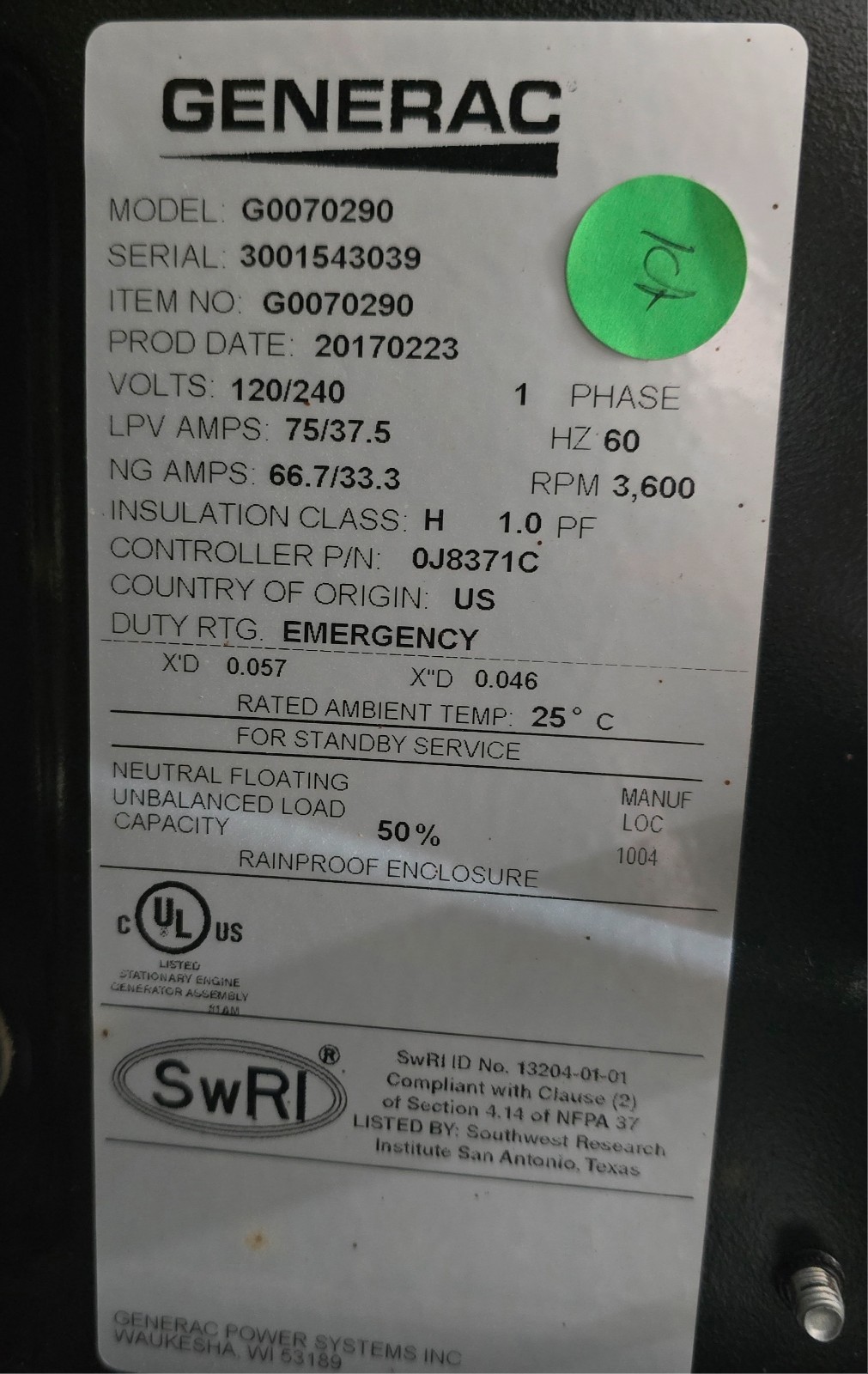 Generac Guardian 9kW Standby Generator, LP/NG, 240V, Air-Cooled, Model 7029