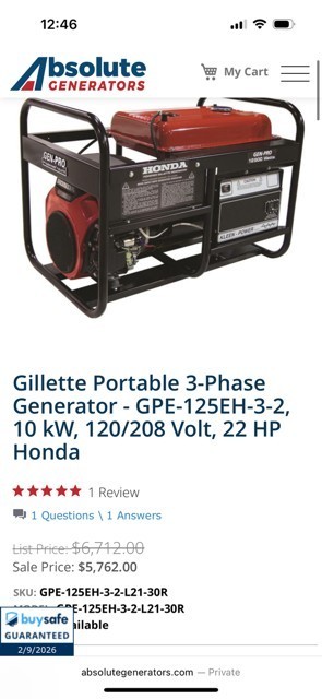 Gillette 12,500 Watt 3 phase generator