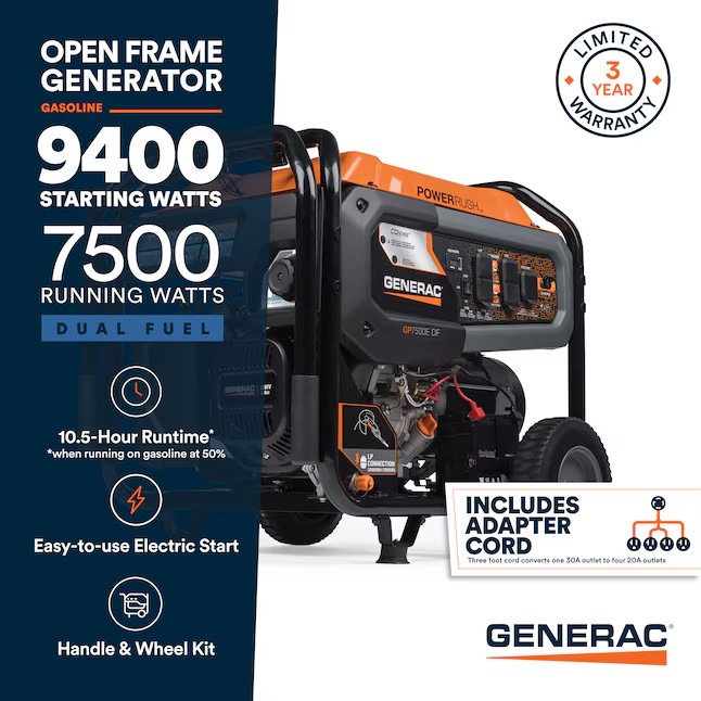 Generac GP 9400 Starting / 7500 Running Watt Gasoline/Liquid propane Dual fuel