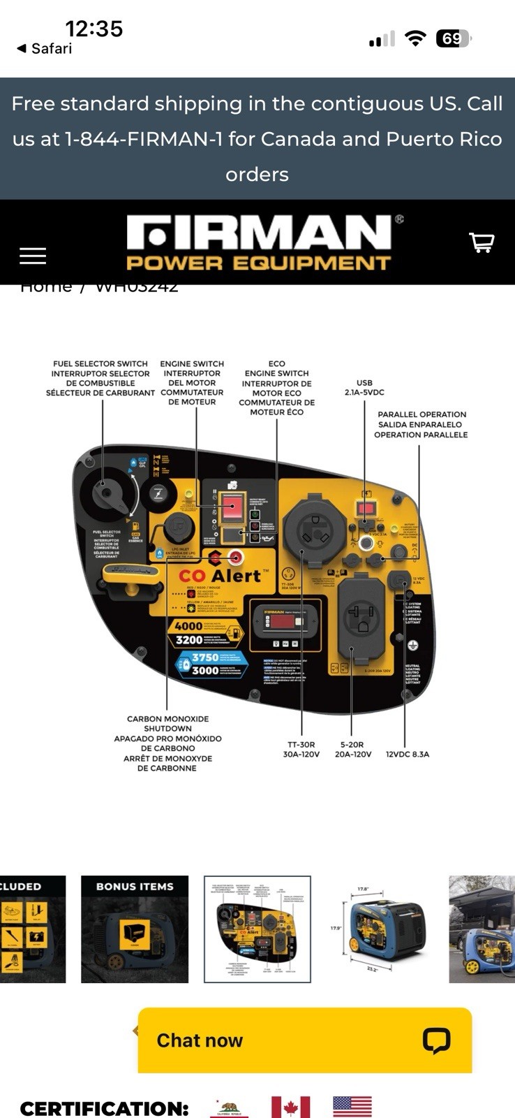 Firman WH03242 3300W Dual Fuel Inverter Generator