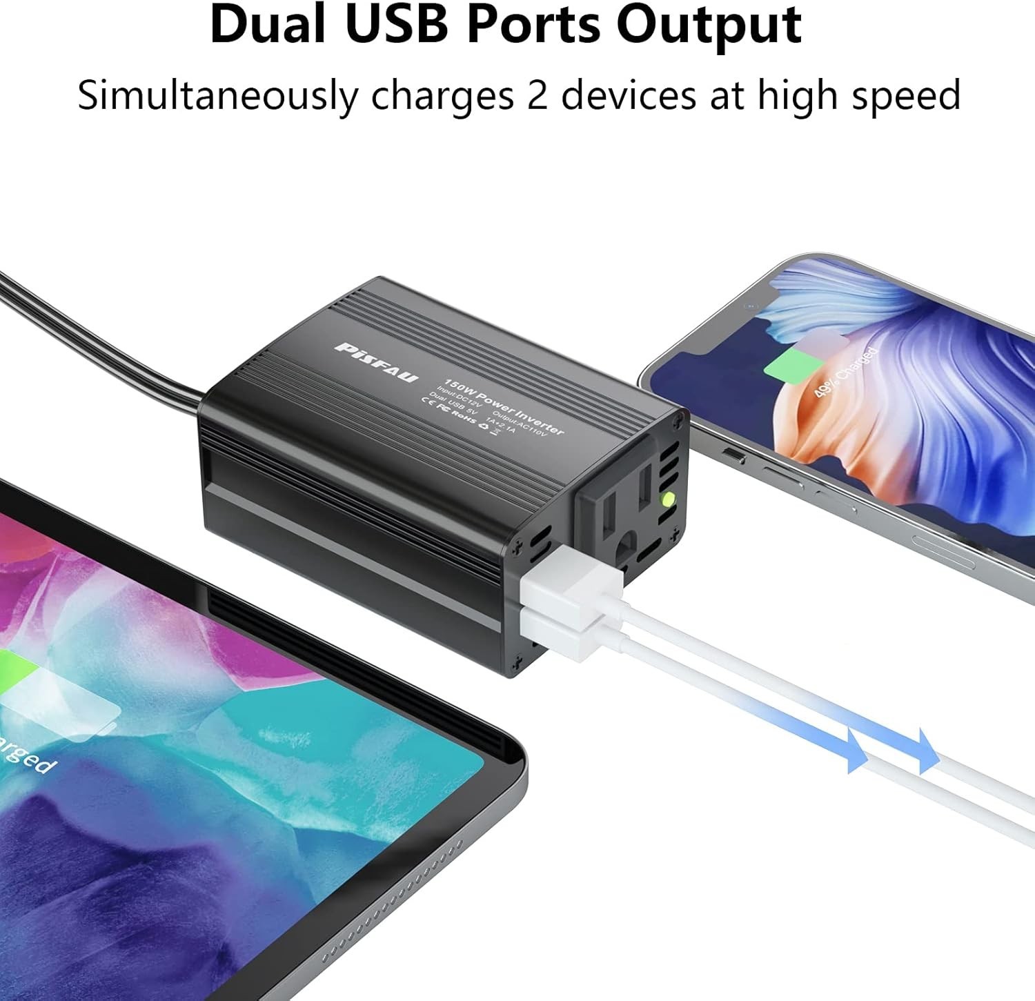 150W Power Inverter 12V DC to 110V AC with Dual USB Car Charger for Laptop