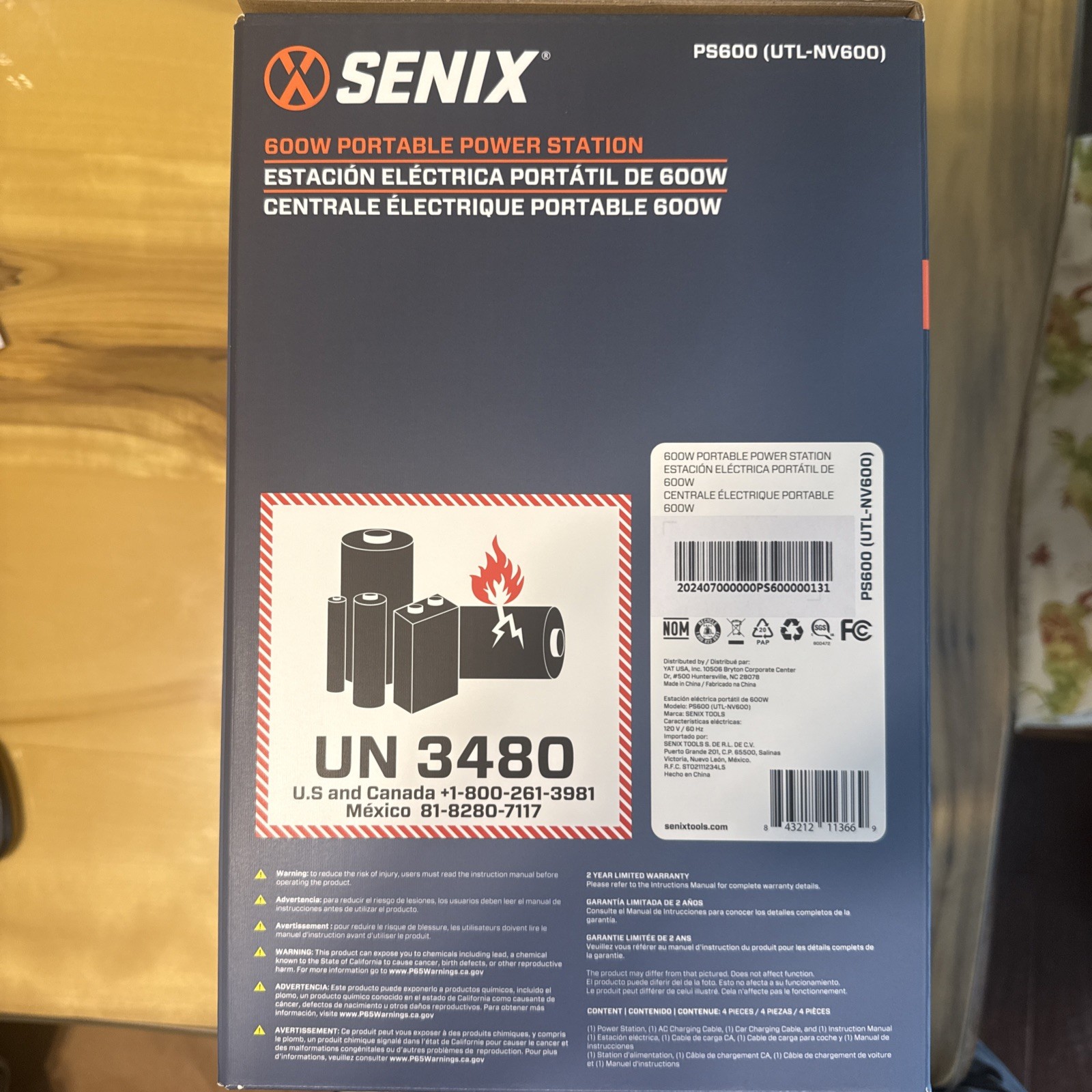 Senix PS600 600W/1200W Peak Portable Power Station 518Wh Pure Sine Wave AC/DC