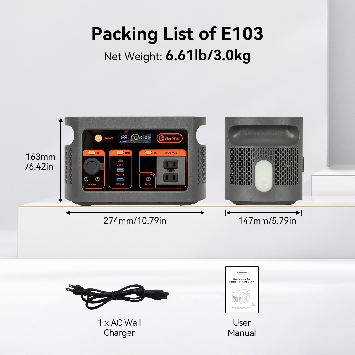 FlashFish E103 Portable Power Station LiFePO4 300W 179Wh with Solar Panel 100W