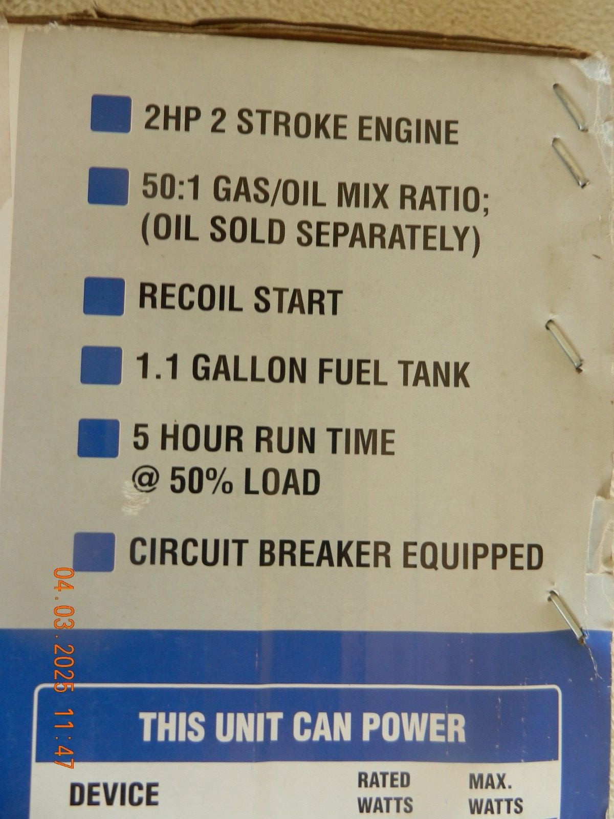 GENERATOR-CHICAGO ELECTRIC Portable Generator 2HP 800/900W 5 Hour Run Time- NEW