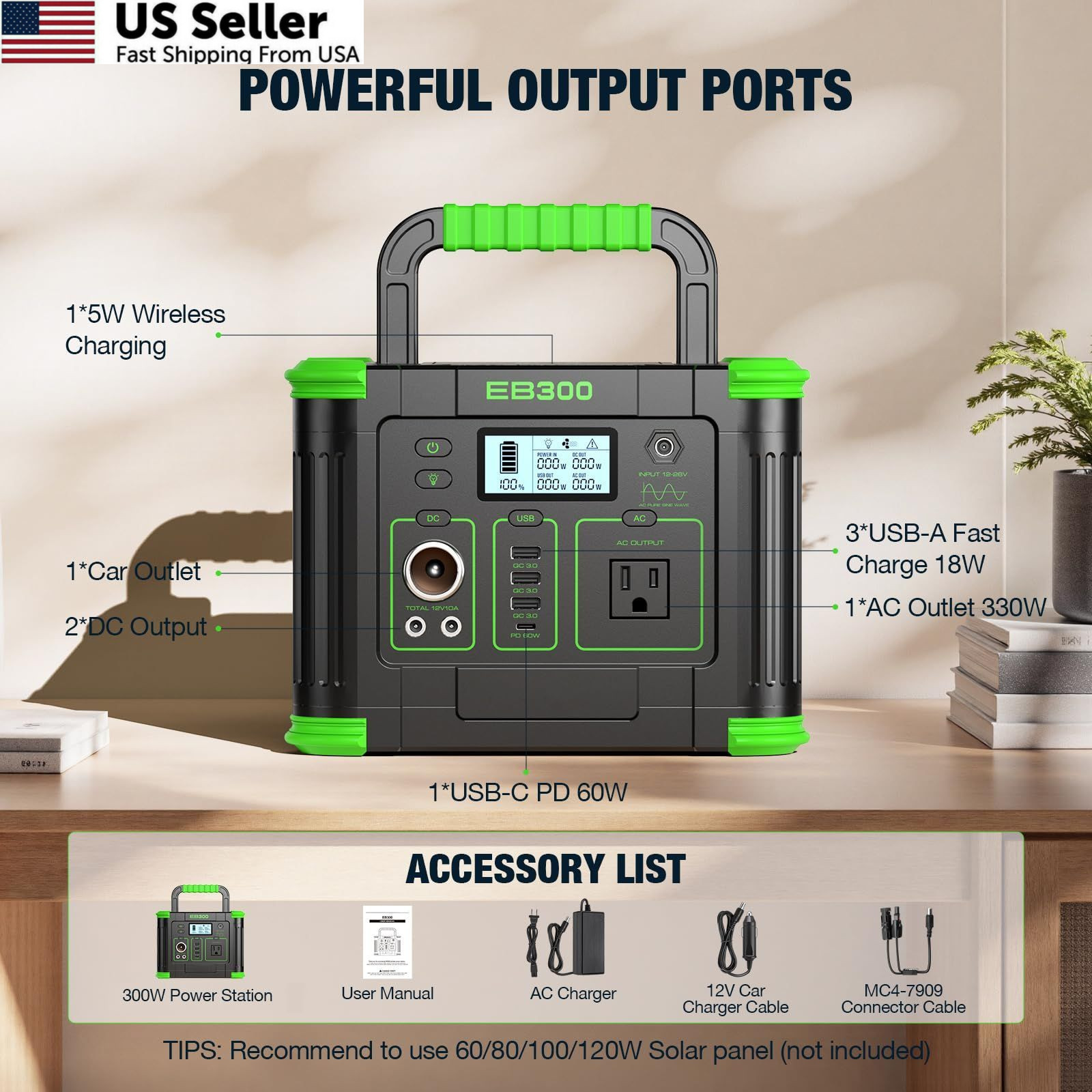 GRECELL Portable Power Station 300W, 288Wh Lithium Battery, 60W Fast Green