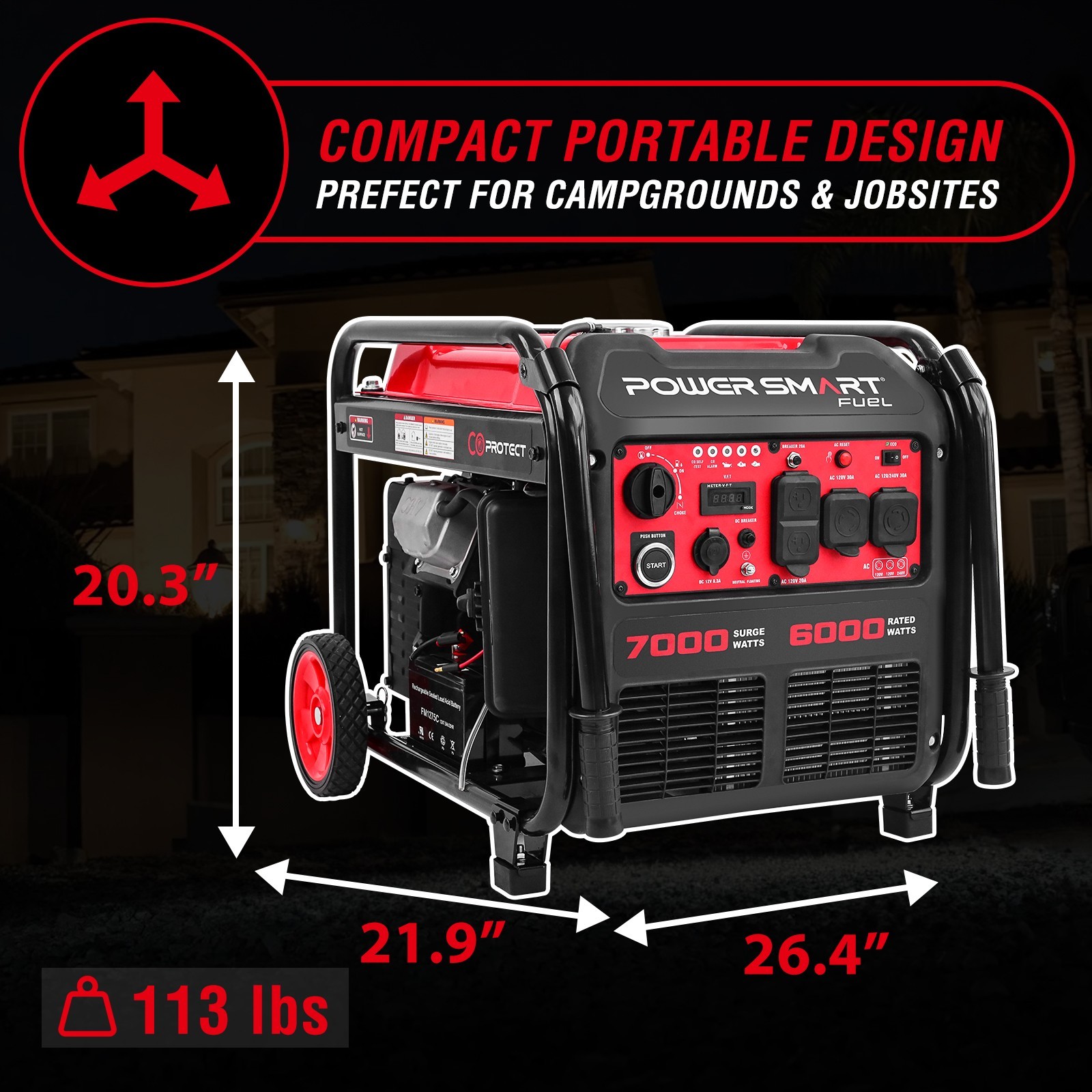 PowerSmart 7000W Open Frame Inverter Generator with Electric Start, Outdoor Use
