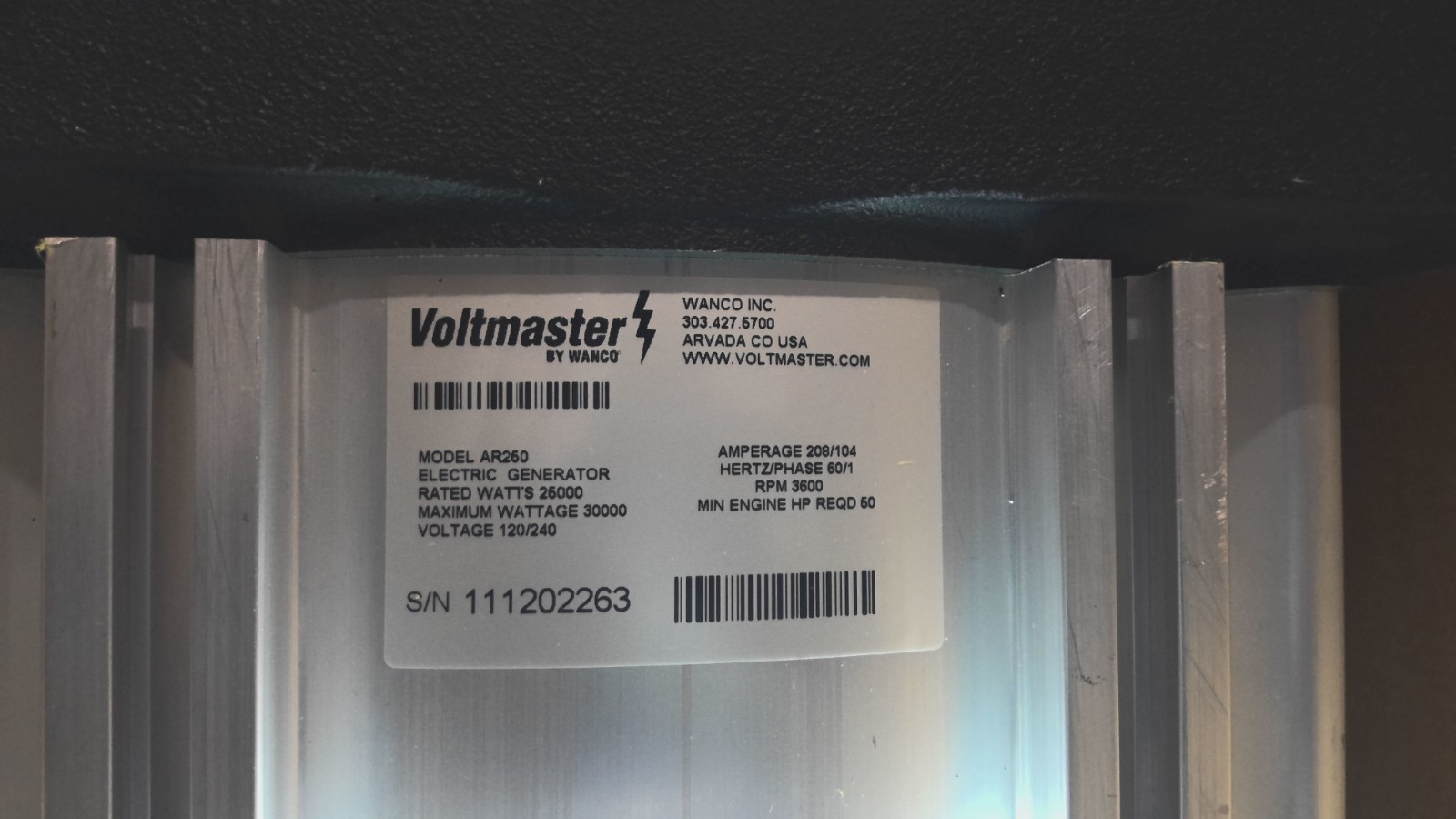 VOLTMASTER AR250 ELECTRIC GENERATOR RATED WATTS 25000 3600 RPM V120/240 (C03B3)
