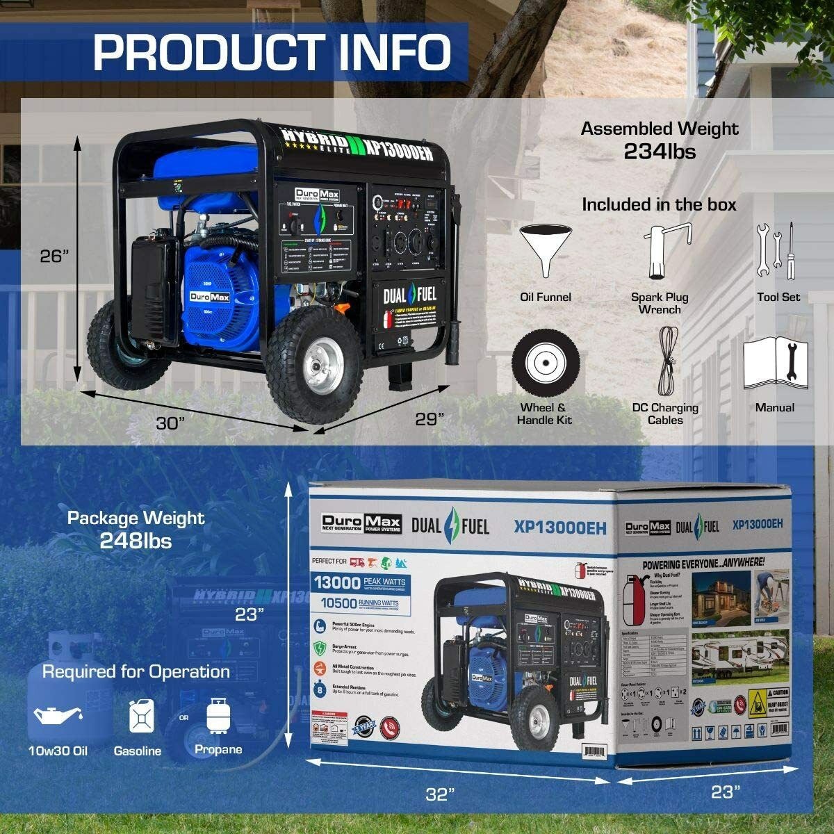 DuroMax 13,000-W Portable Hybrid Dual Fuel Powered Generator with Electric Start