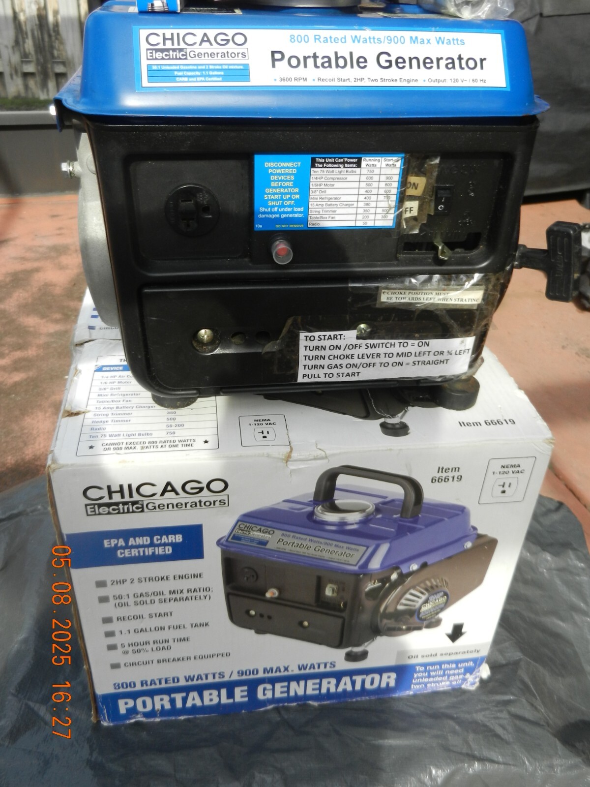 Generator-CHICAGO Electric Portable Generator 2HP 800/900W 5 Hour Run Time-USED