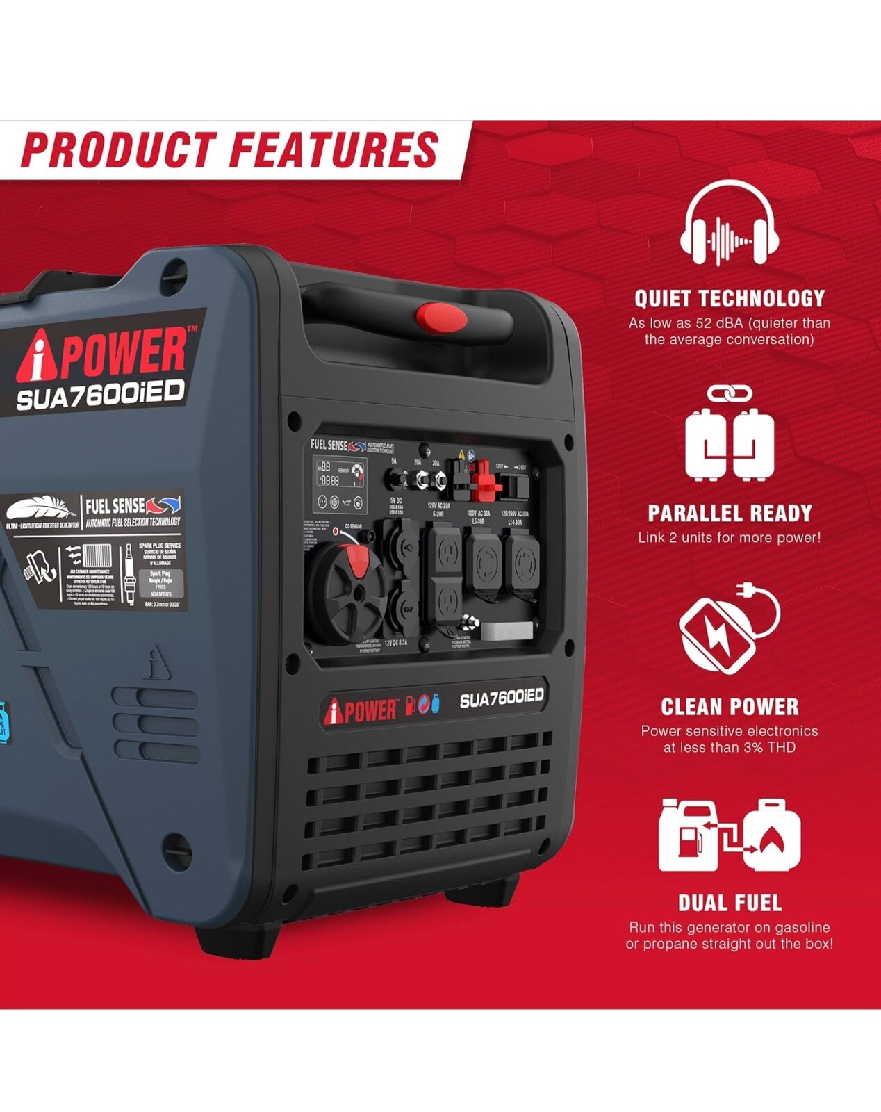 APower 7,600W Portable Dual Fuel Inverter Generator, Electric Start, CO Sensor