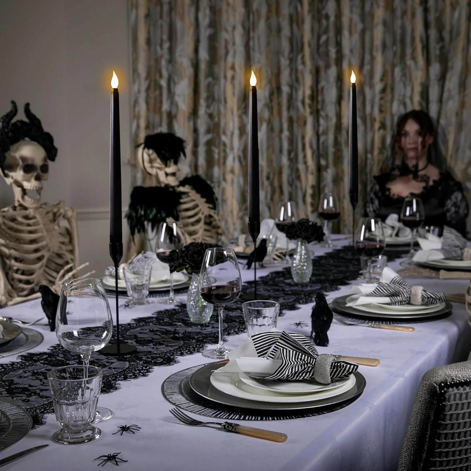 24Pcs Halloween Black Flameless Taper Candles – Battery Operated 2 AAA Long Deco