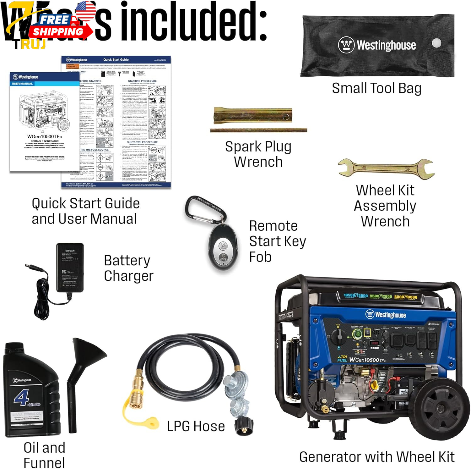 Gas Powered Portable Generator 13500 Peak Watt Tri-Fuel Home Backup Remote Elect