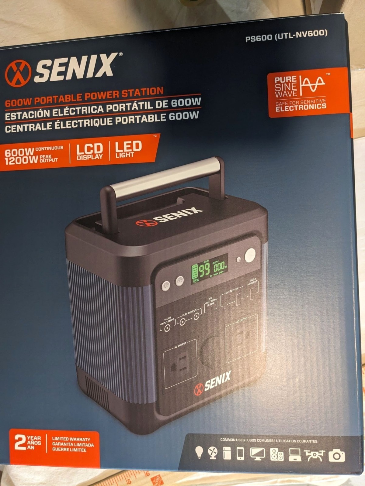 Senix PS600 600W/1200W Peak Portable Power Station 518Wh Pure Sine Wave AC/DC