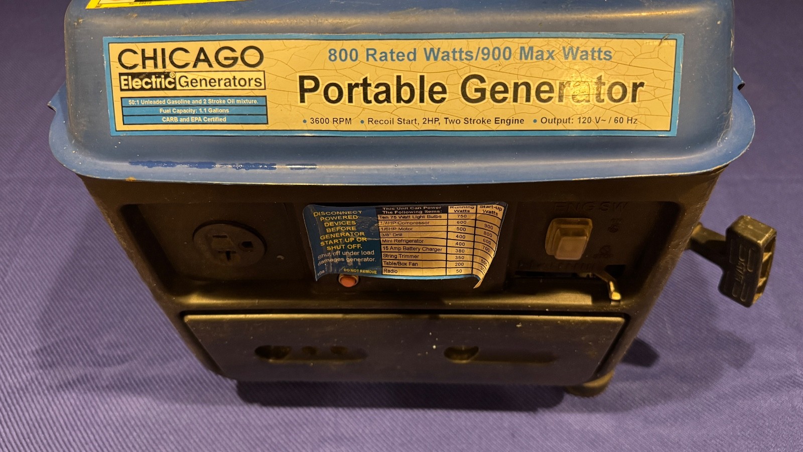 Chicago Electric 800W Portable Generator 900W Max – Used Item 66619