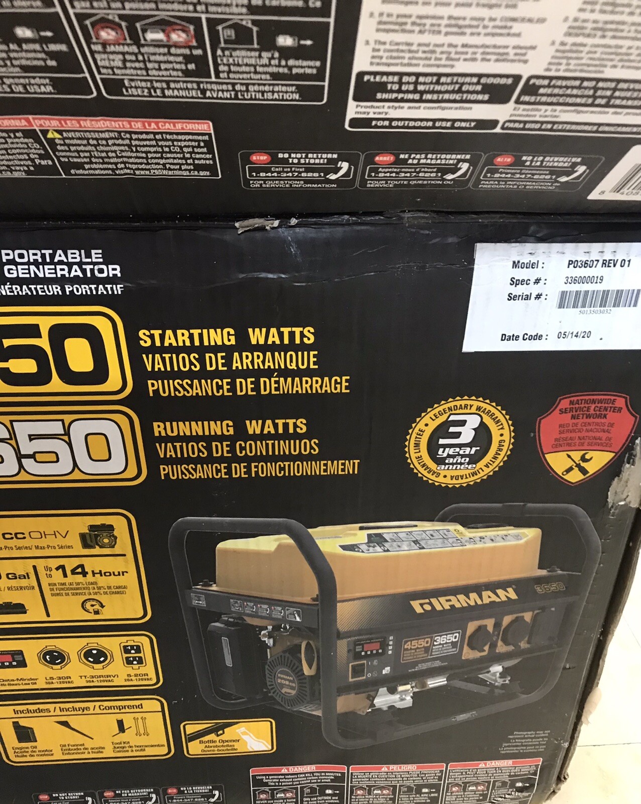 FIRMAN P03607 Portable Gas Generator, 4550/3650 Watts, Recoil Start, CARB