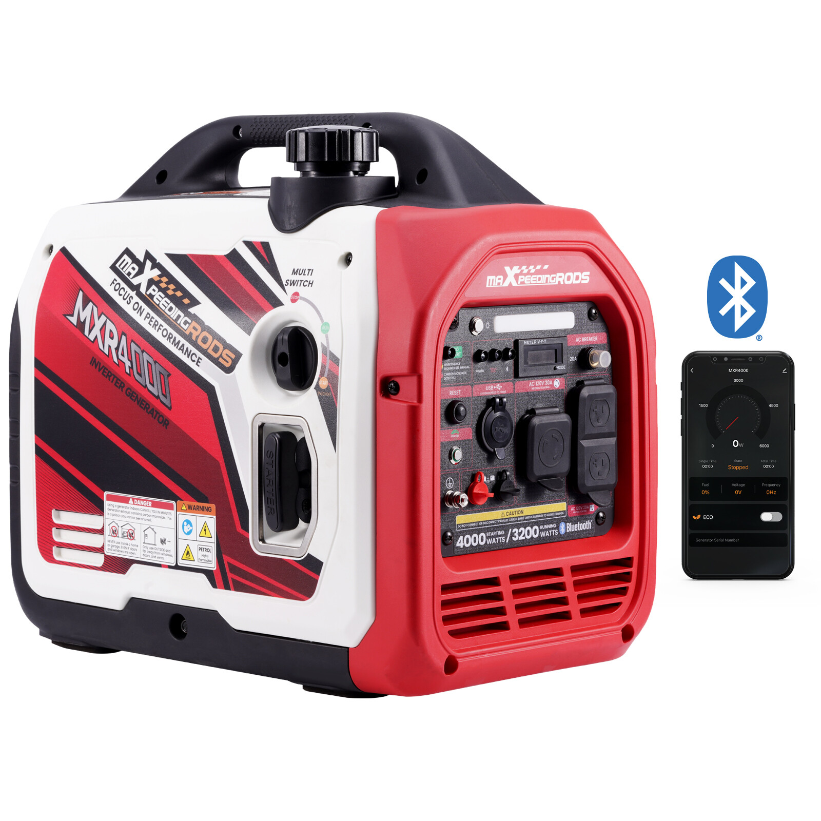 Gas-powered 4000 Watt Generator Portable Pure Sine Wave with Bluetooth CO Alert