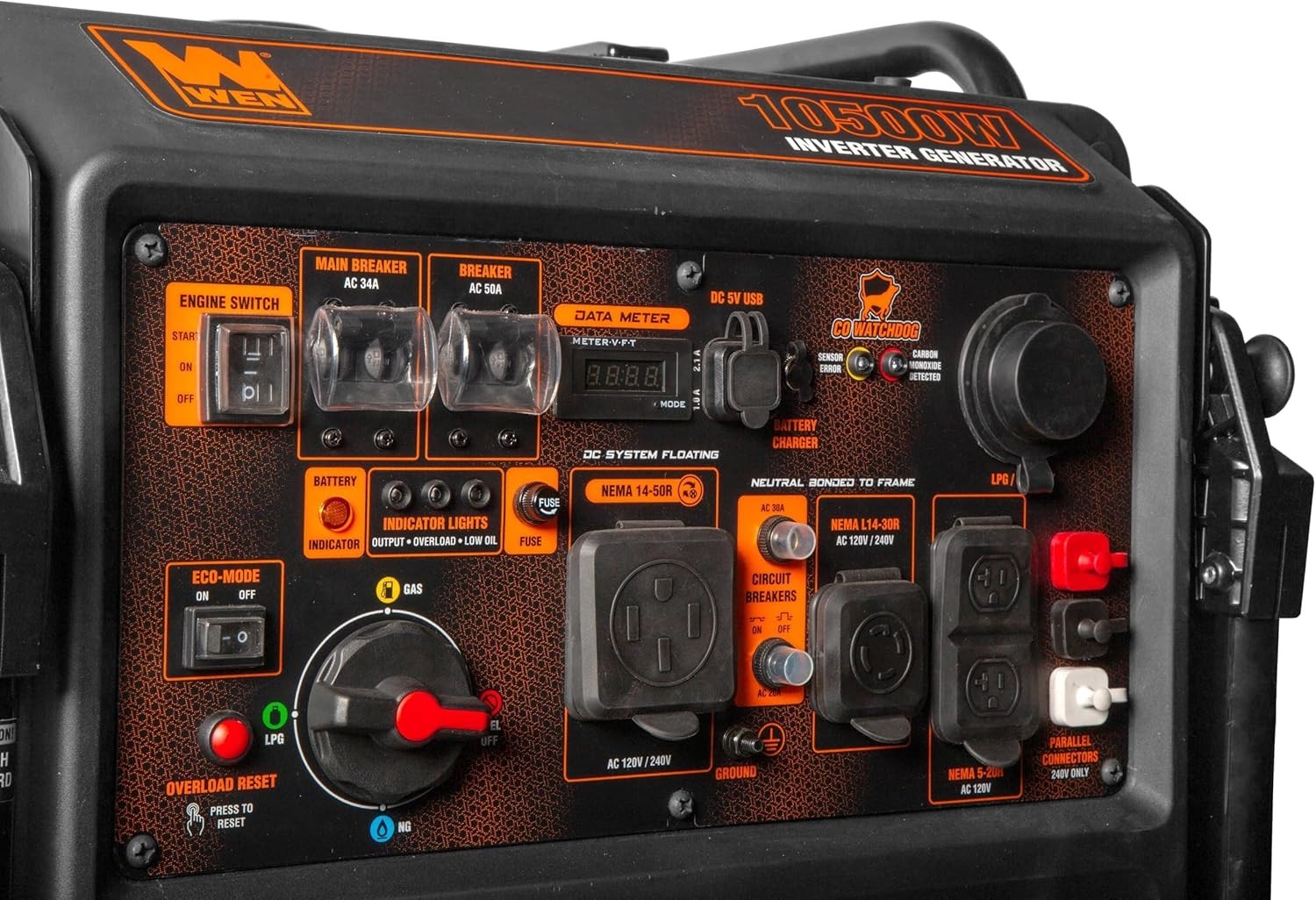 WEN 10,500W Quiet Portable Tri-Fuel Inverter Generator, Electric Start CO Sensor