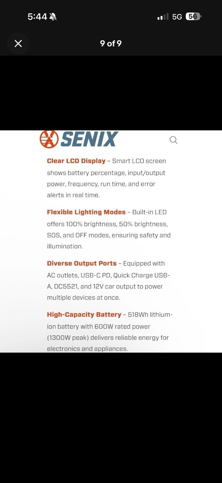 Senix PS600 600W/1200W Peak Portable Power Station 518Wh Pure Sine Wave AC/DC