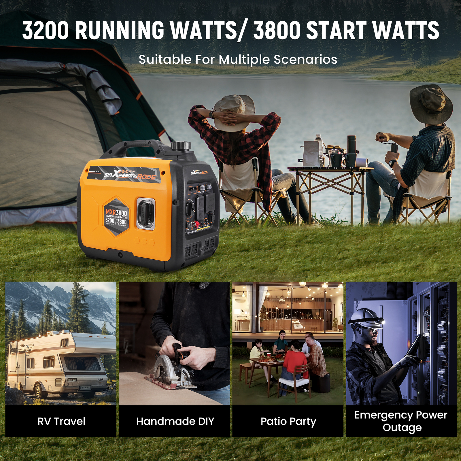 Recoil Start Inverter Generator 3200W 58dB Ideal for Power Outages Small Events