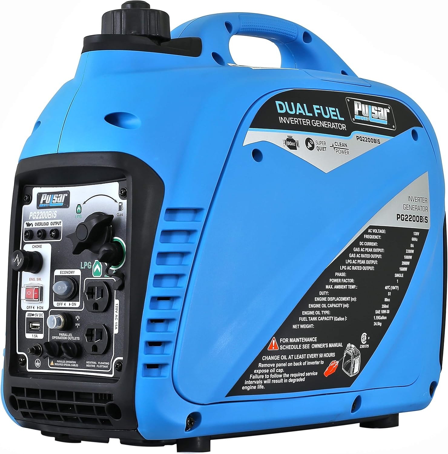 Pulsar 2,200-Watt Super Quiet Portable Dual Fuel Gas Powered Inverter Generator