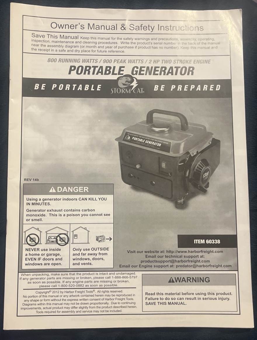 Storm Cat Portable Generator Manual 800/900 Watt 60338 Owner’s Instructions OEM