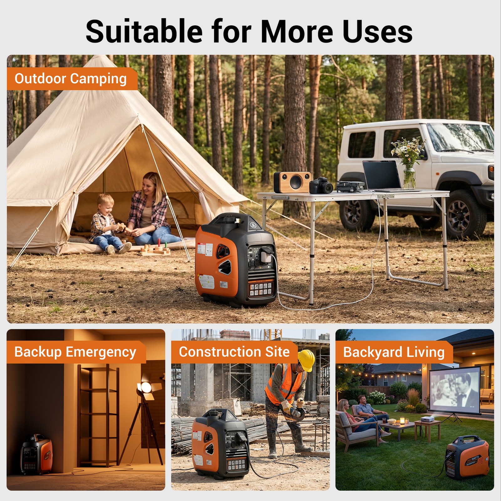 Efurden 2800W Portable Inverter Generator Gas Quiet CO Sensor ECO Mode Parallel