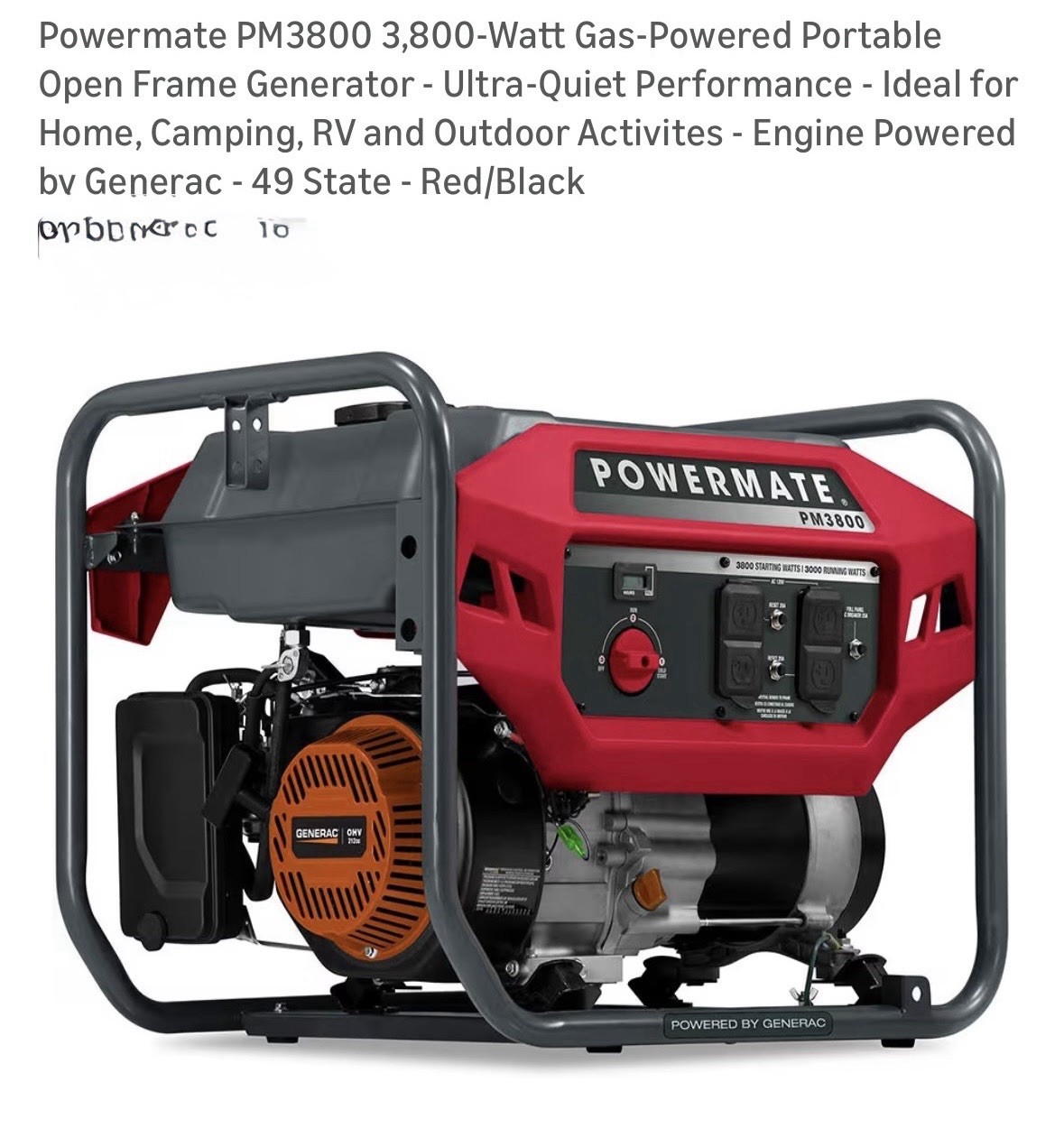 Powermate PM3800 3800W Portable Ultra-Quiet Gas Generator Red/Black 4x120V
