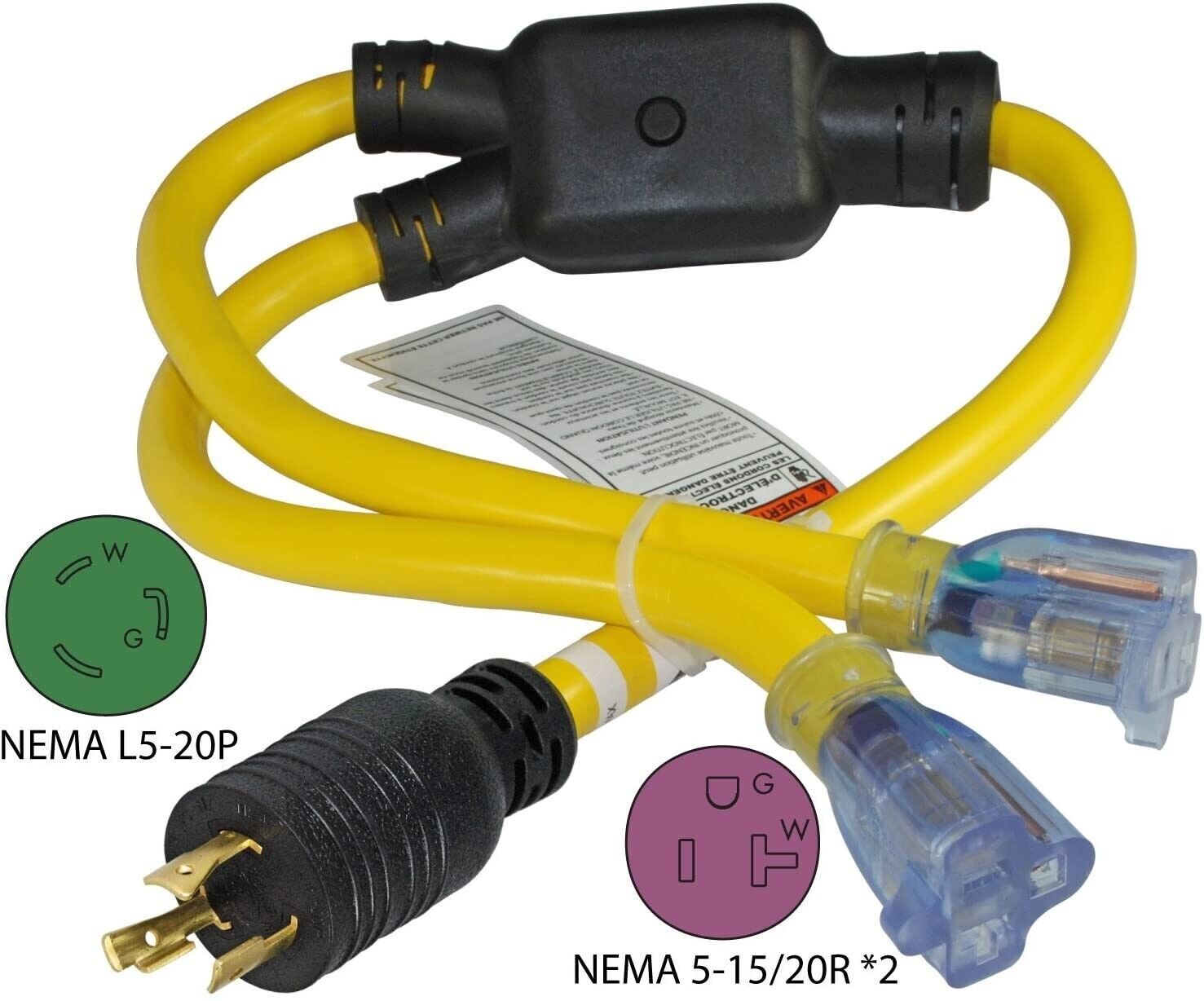 Generator Y-Adapter Power Cord/Splitter YL520520S:20A,125V,pigtail,RV NEW