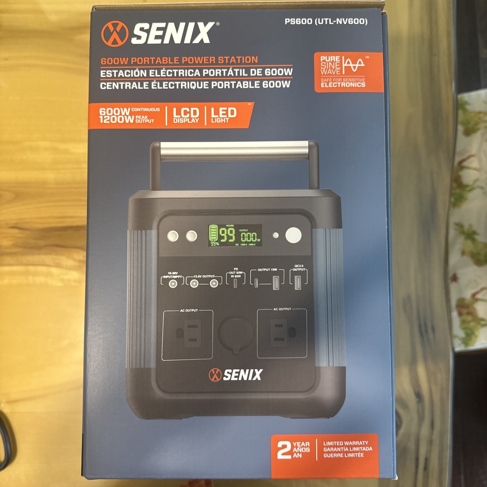 Senix PS600 600W/1200W Peak Portable Power Station 518Wh Pure Sine Wave AC/DC