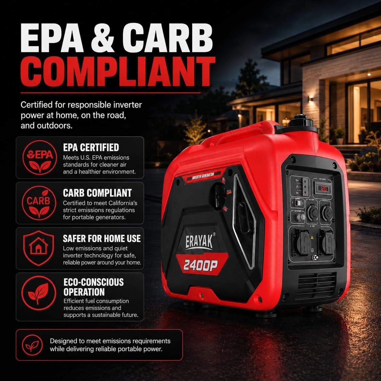 Portable Inverter Generator 2400W Gas Powered Quiet Camping RV Home Backup Eco