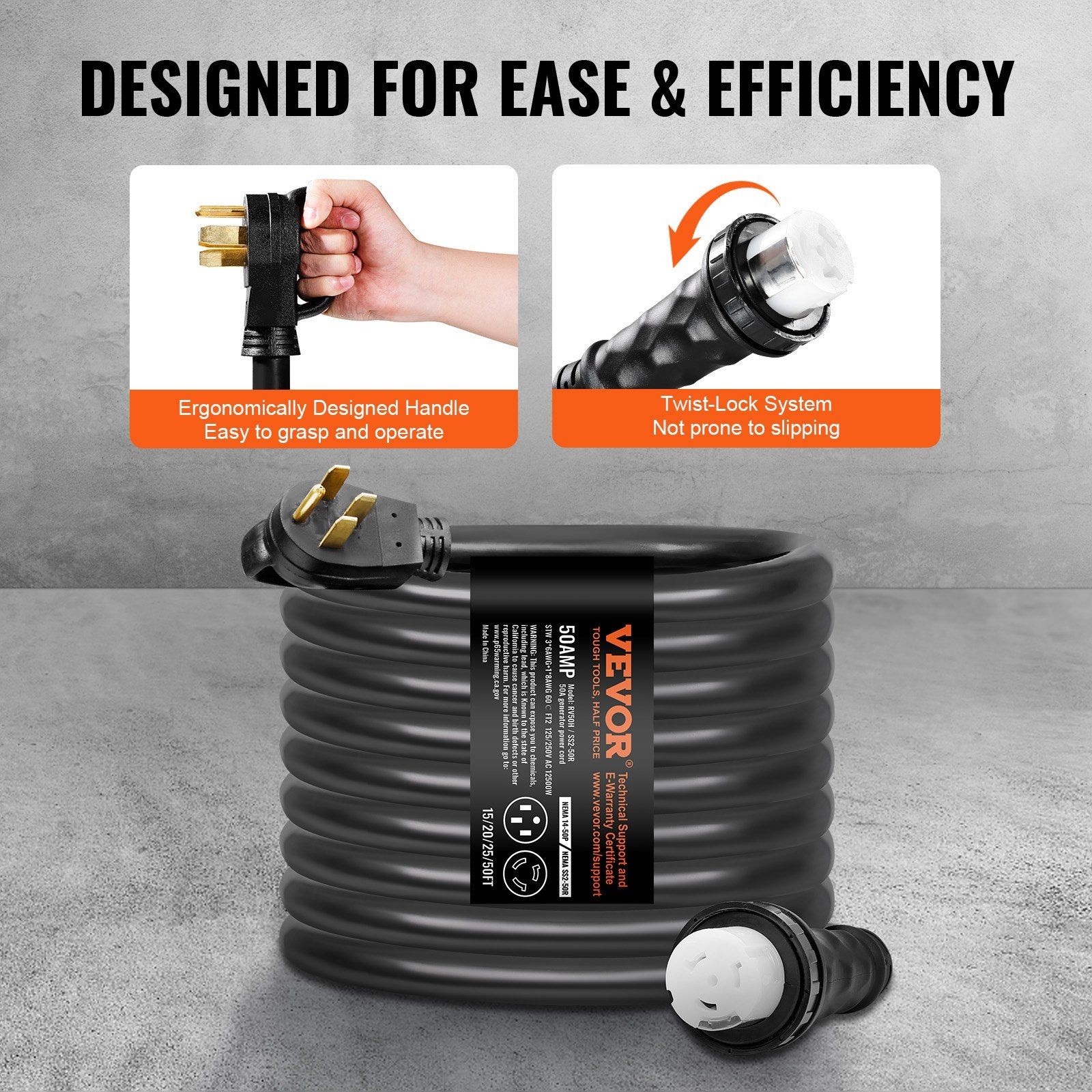 ETL-Certified 50A 50FT Generator Cord & Pre-Drilled Inlet Box for Home/RV
