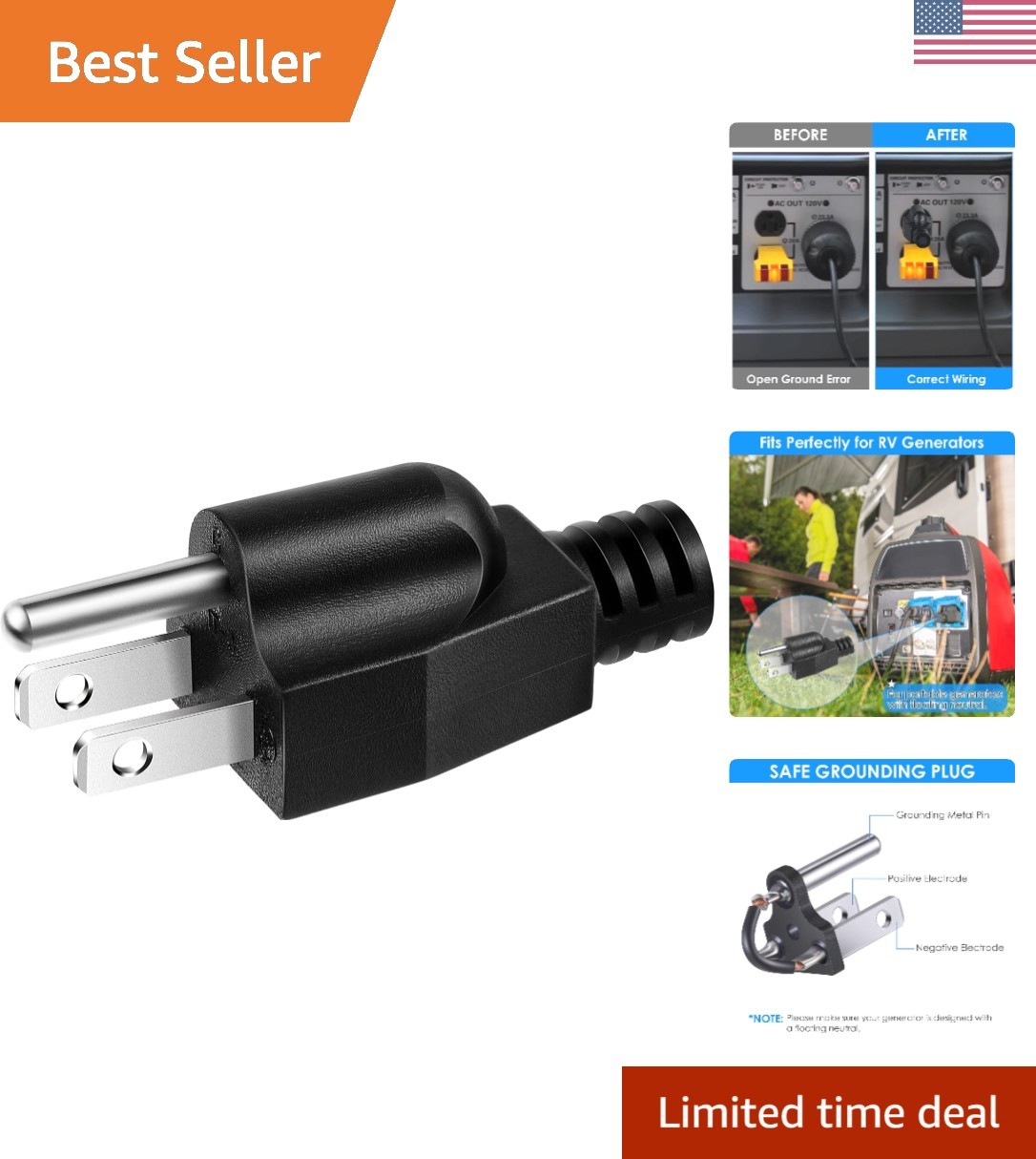 Easy-to-Use Neutral Bonding Plug for Portable Inverter Generators—Black 1 Pack