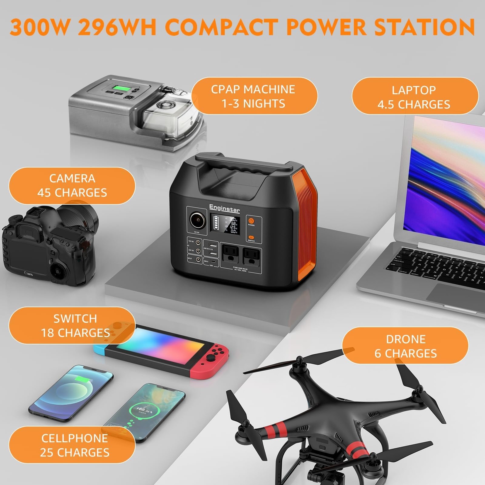 EnginStar Portable Power Station 300W 296Wh Battery Bank with 300W, Black