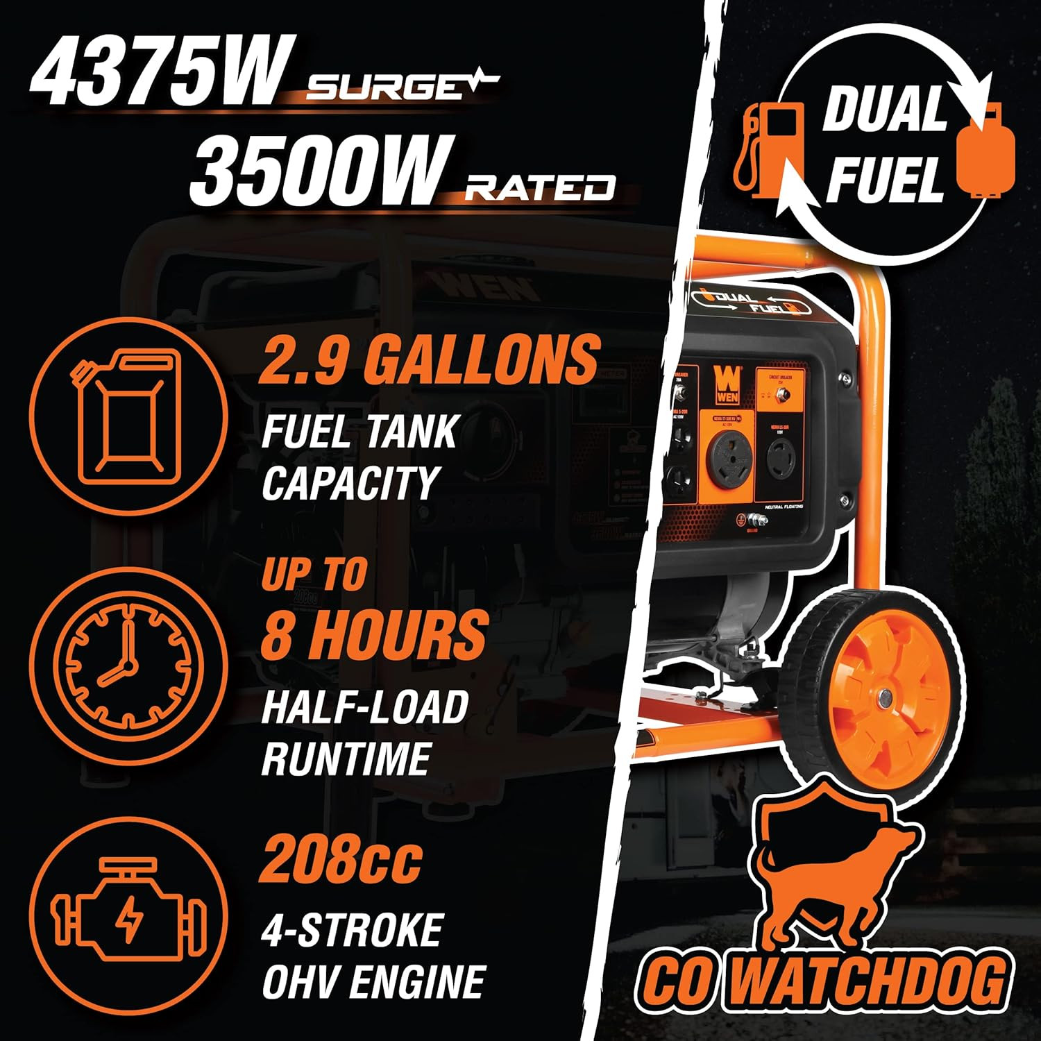 WEN DF430X 4375-Watt Dual Fuel Portable Generator with Wheel Kit and CO Shutdown