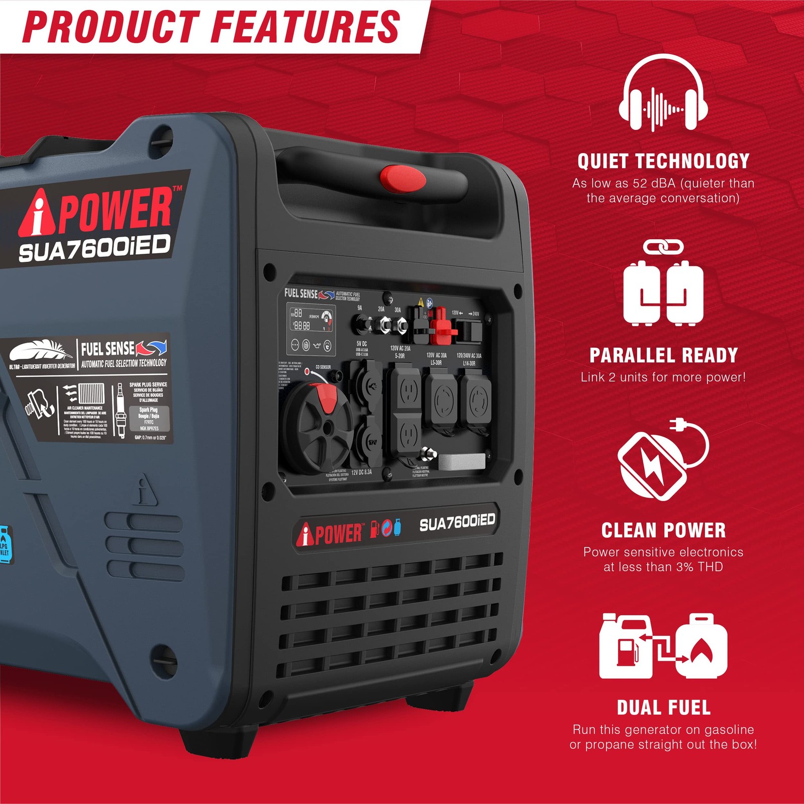 A-iPower 7600W Dual Fuel Quiet Portable Inverter 28″L x 22″W x 24″H, Gray