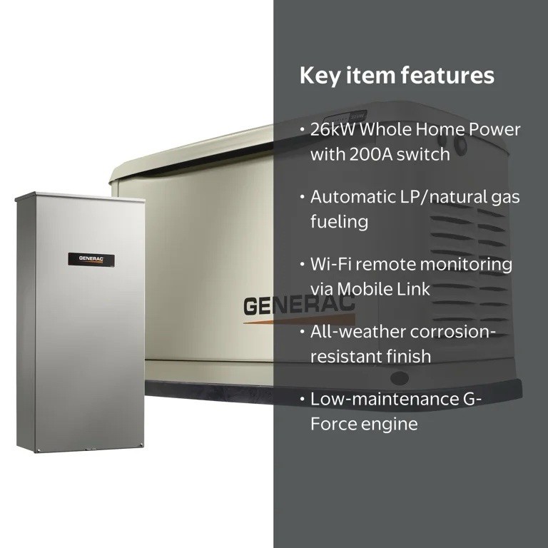 Generac 7291 Guardian 26kW Whole Home Standby Generator with 200A Transfer