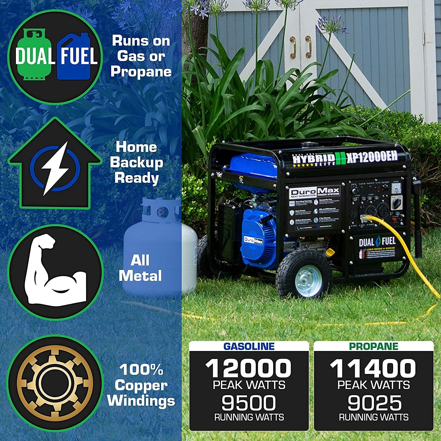 DuroMax XP12000EH 12,000-W Portable Hybrid Dual Fuel Generator w/ Electric Start