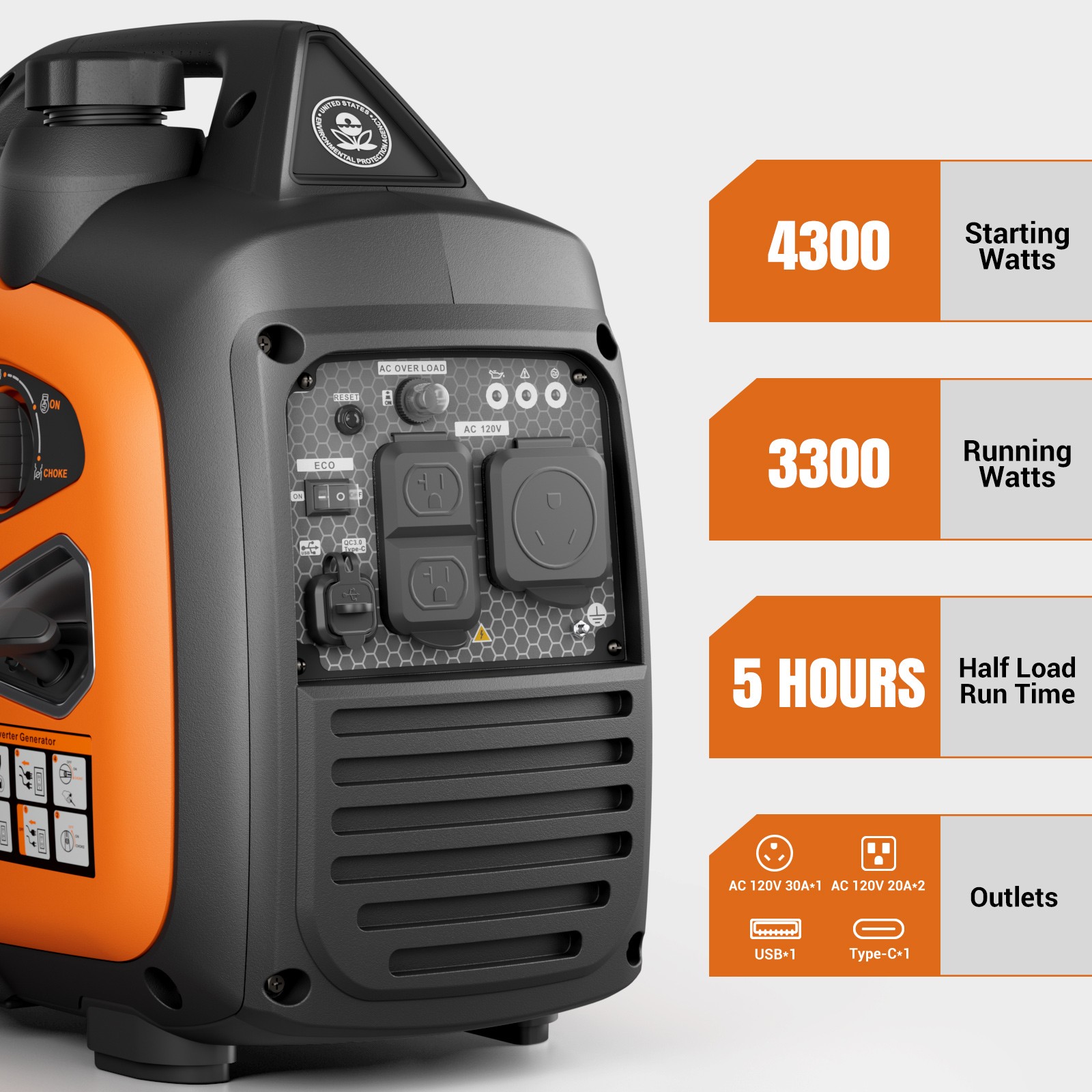 Efurden 4300W Quiet Generator Inverter Gasoline for RV Camping / Home Backup