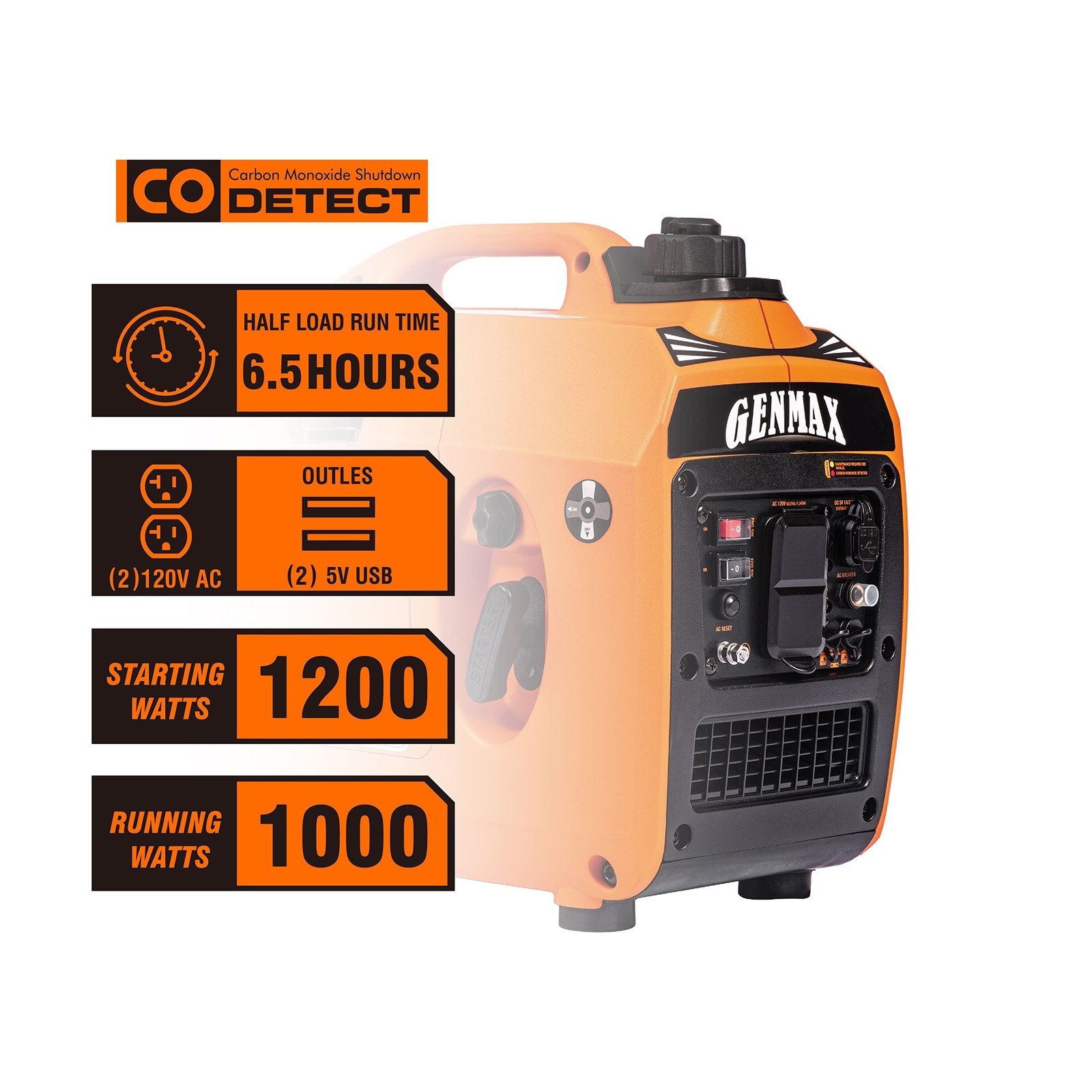 GENMAX Portable Inverter Generator，1200W ultra-quiet gas engine, EPA Comp