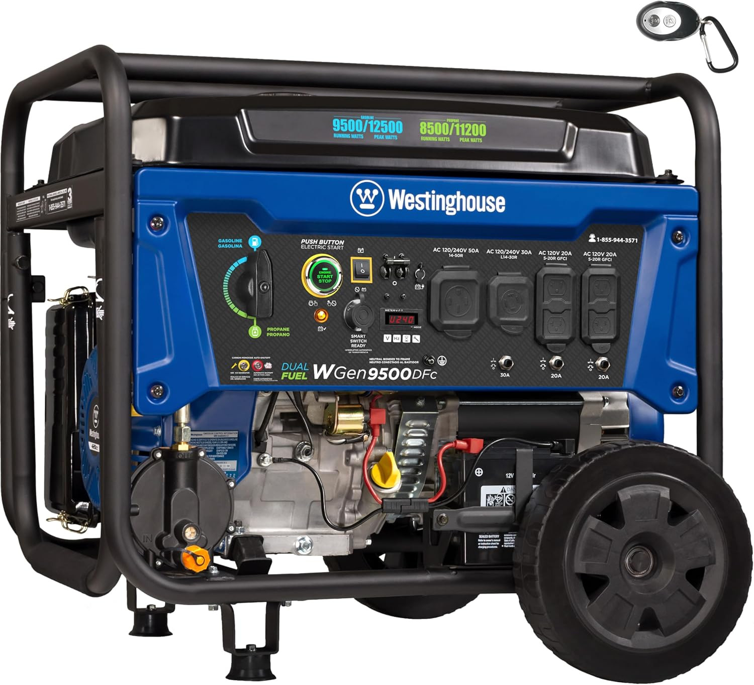 12500 Peak Watt Dual Fuel Home Backup Portable Generator, Remote Electric Start,