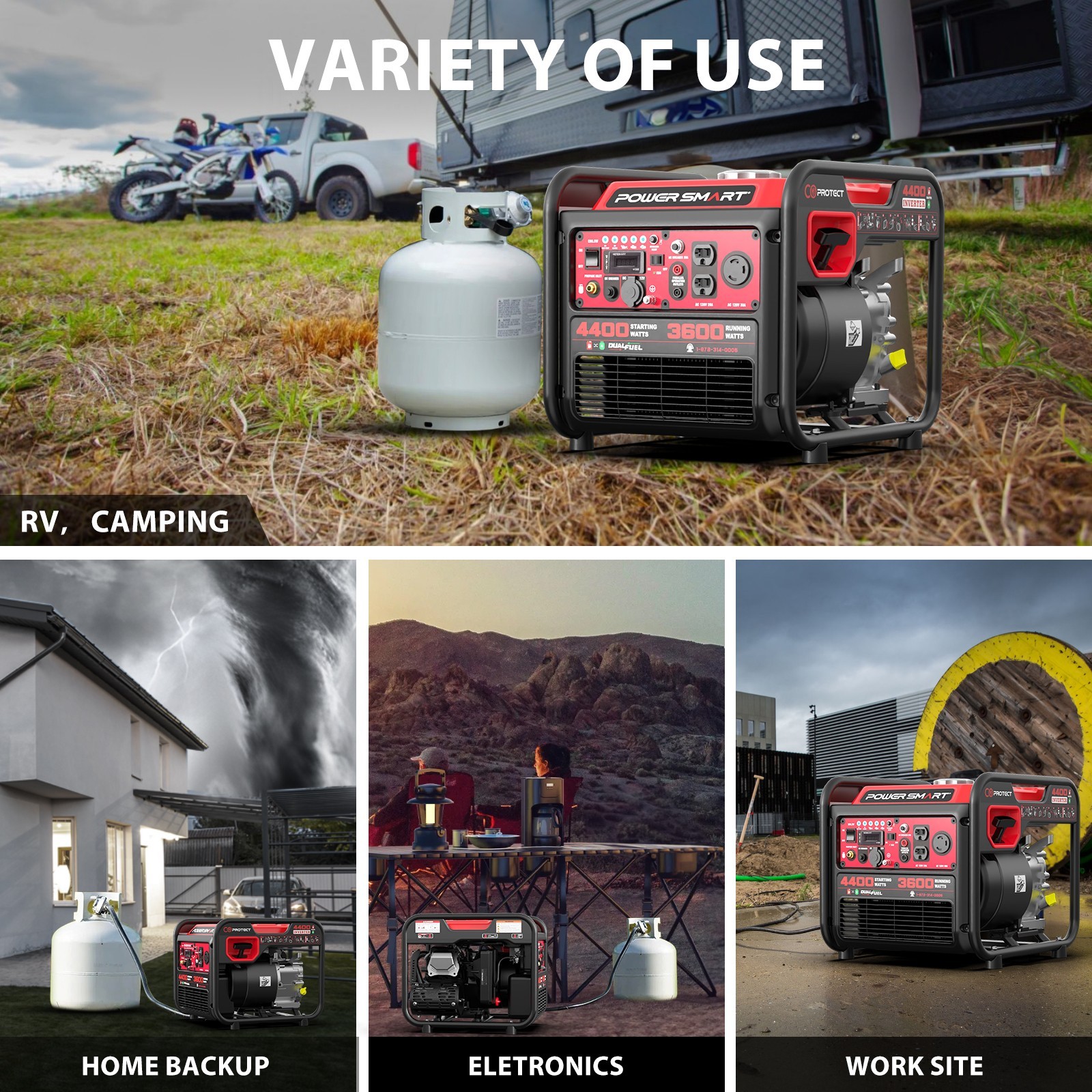 PowerSmart 4400W Dual Fuel Inverter Generator, 223cc, 120VOutput, 5.1hr Runtime