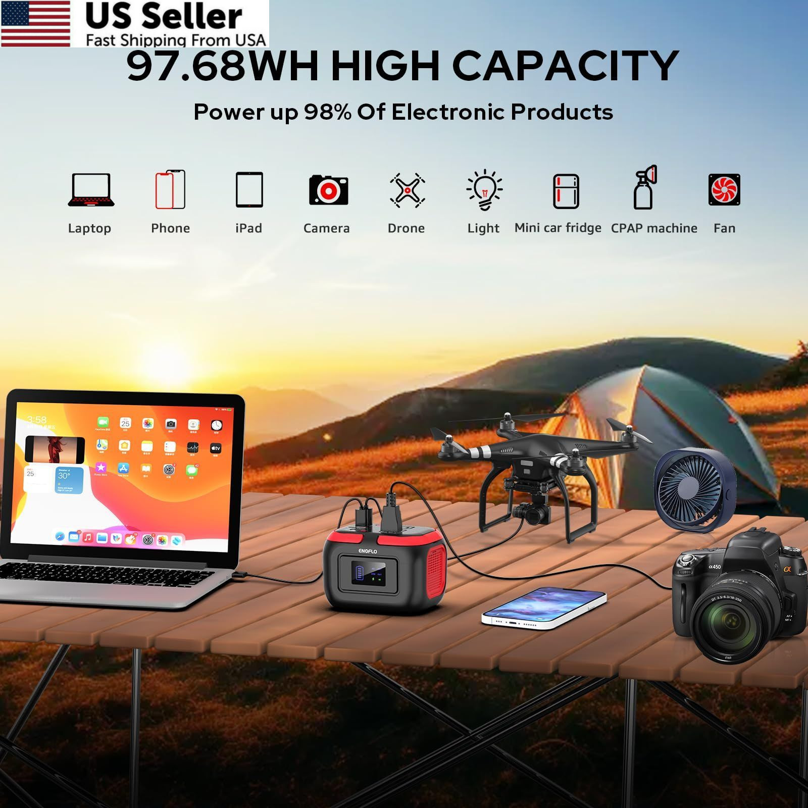 ENOFLO Portable Power Station, 97.68Wh Solar Generator, Lithium Red-Black