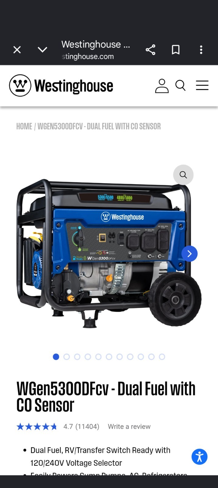 Westinghouse WGen5300DFcv Dual Fuel Generator w/ CO Sensor 6.5 kW Blue/Black